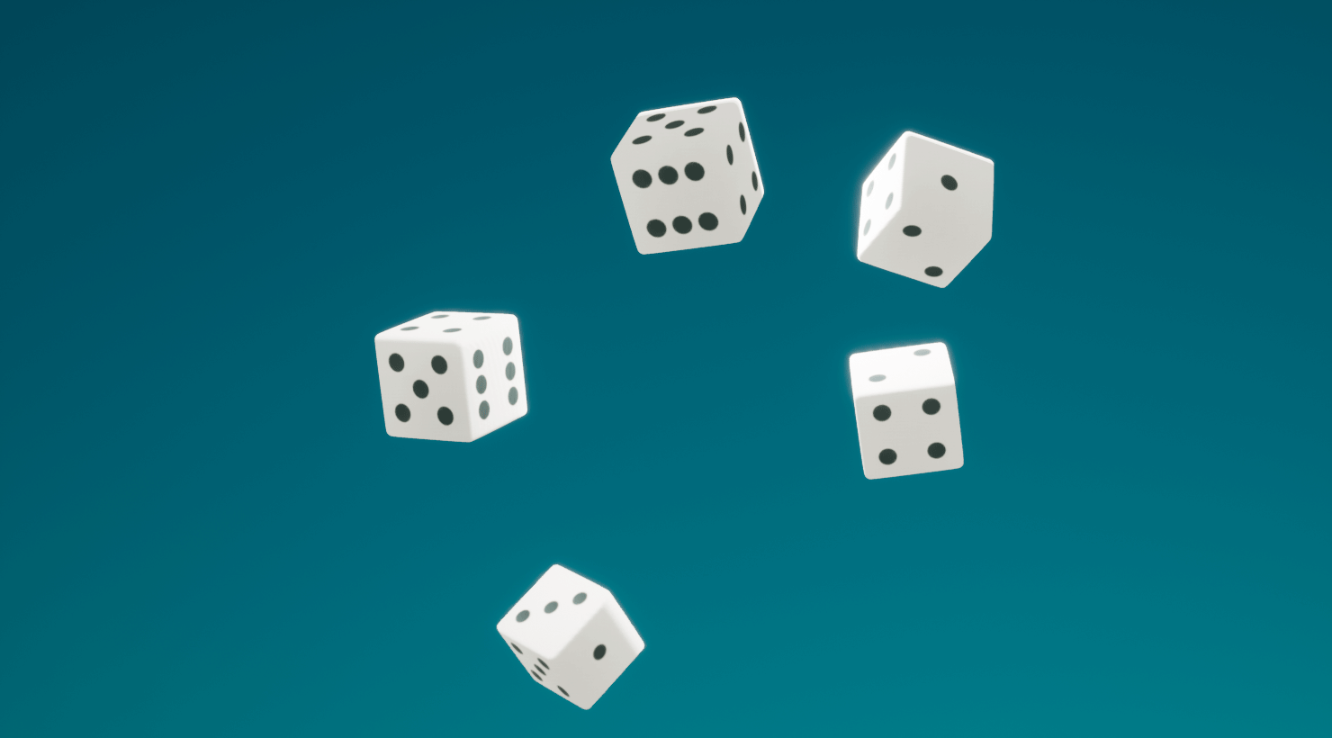 five dice floating mid-air